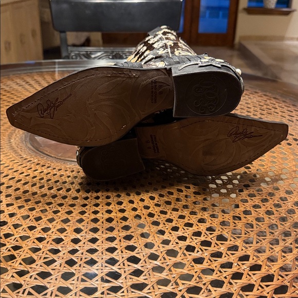 Donald J. Pliner Calf Hair Western Harness Boots Ikat Print Studded Heel - Picture 6 of 16